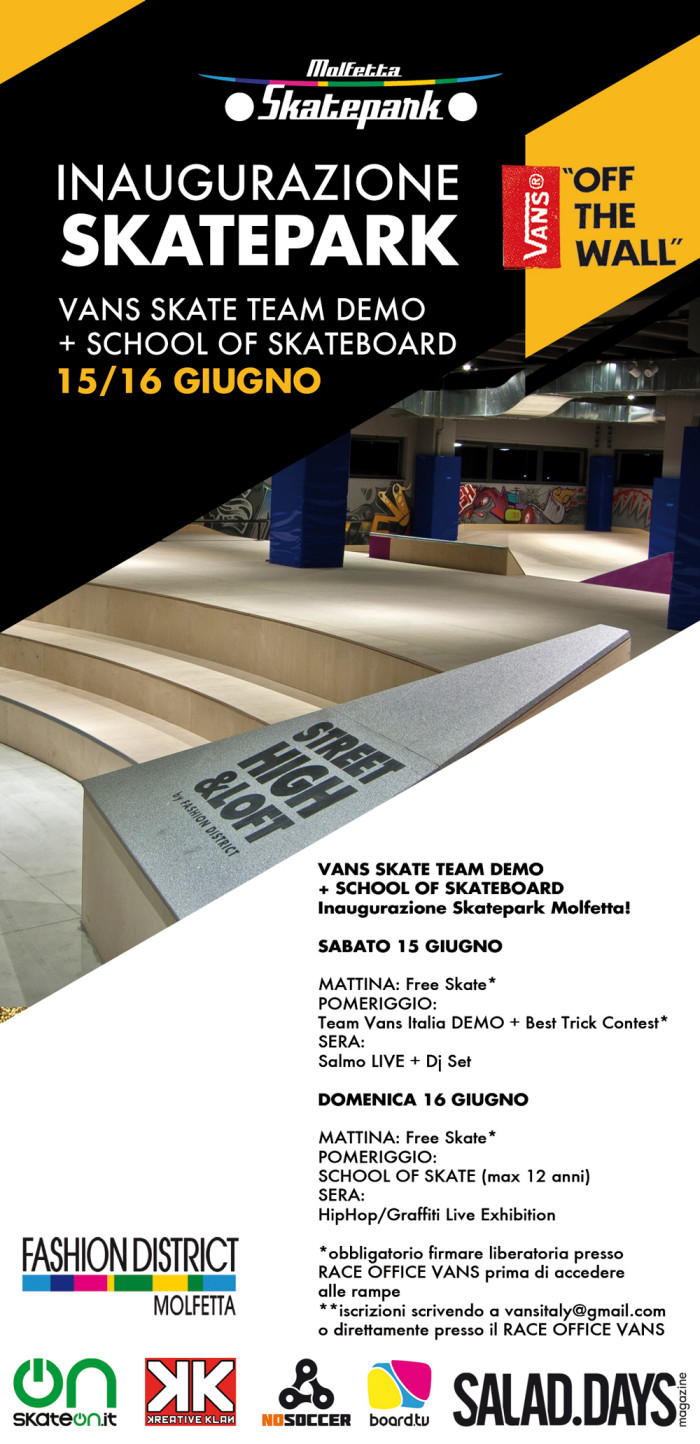 (15-16 Giugno) Inaugurazione Skatepark Molfetta! Vans Skate Team demo + School of Skateboard
