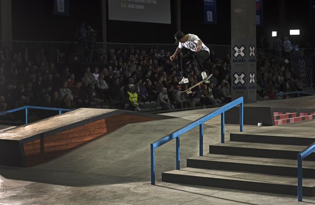 Nyjah Huston, winner of XGames Oslo Skateboarding. Trick: Halfcab Kickflip