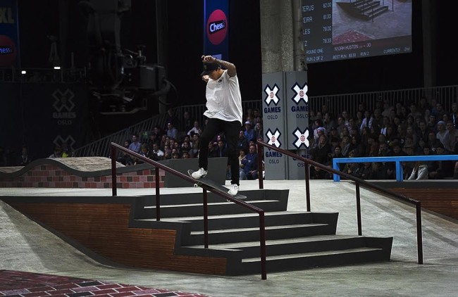 Winner of XGames Skateboarding Oslo, Nyjah Huston Switch Smith Grind